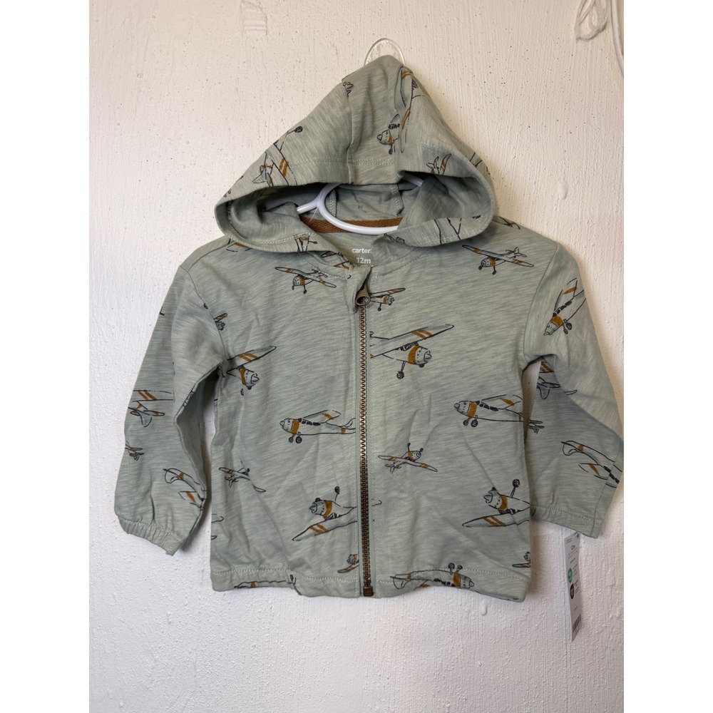 Carters Baby Boy Airplane Zip Up Hoodie Sage Green 12M NWT
